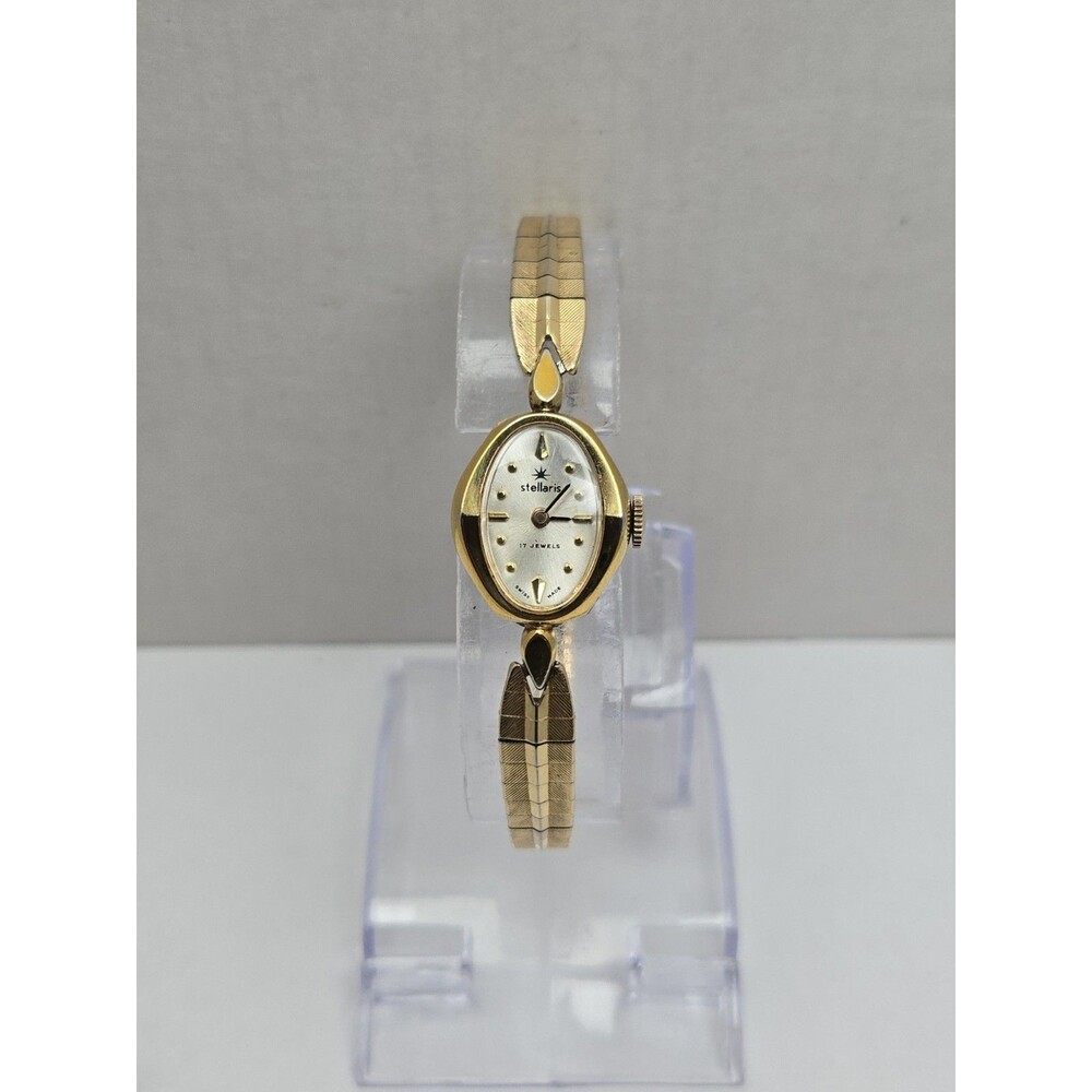 Vintage Stellaris 17 Jewels Swiss Made Womens Gold Tone Oval Wind Up Dress Watch